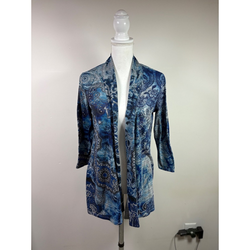 Basic Editions Blue Paisley Open Front Cardigan Shawl Collar 3/4 Sleeve Small